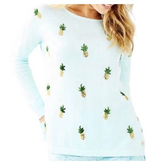 Lilly Pulitzer Sweaters - Lilly Pulitzer XS Caralynn Long Sleeve Sweater whisper blue sequin pineapple